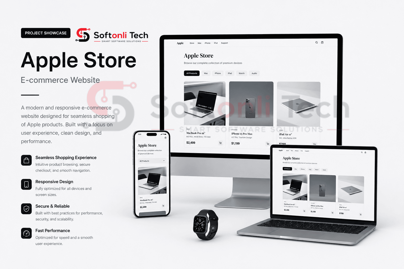 Apple Store — modern responsive e-commerce website for Apple products shown on desktop, laptop and phone