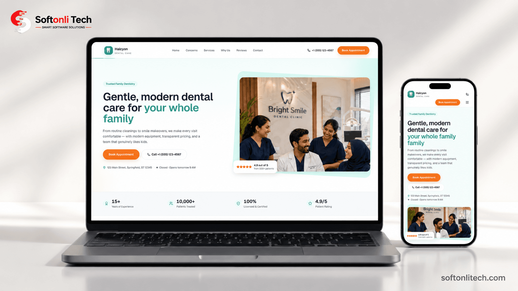 Dental Clinic — appointment booking website for a family dental practice shown on a laptop and phone