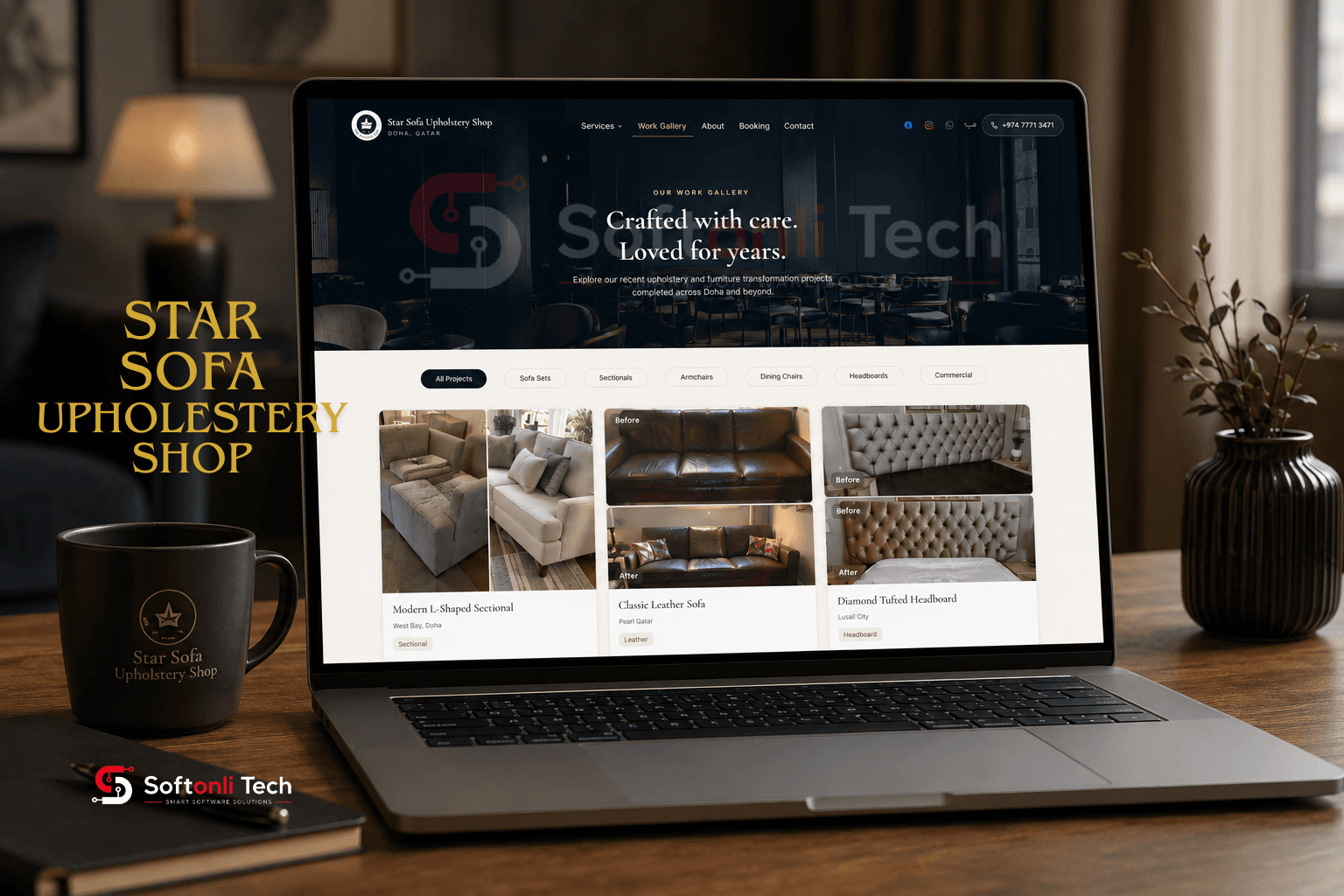Star Sofa Upholstery Shop — work gallery website for an upholstery business in Doha shown on a laptop